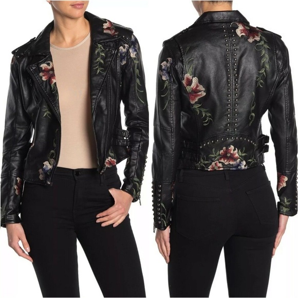 Blank NYC Jackets & Blazers - BLANKNYC Black Floral Faux Leather Moto Jacket